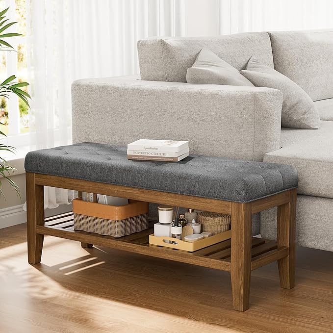 End of Bed Storage Bench, 42.9" Entryway Shoe Bench with Solid Wood Shelf, Upholstered Ottoman with Padded Seat for Bedroom, Hallway and Lining Room, Dark Gray