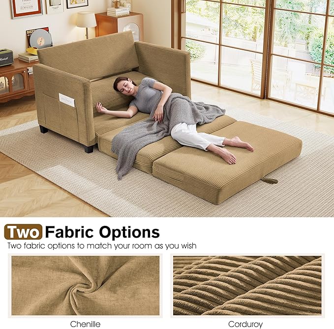 51" Loveseat Sleeper Sofa Bed, Corduroy Convertible Floor Sofa Bed for Small Spaces, Folding Couch Bed with Deep Seat, 2 Pillows & Solid Frame, Pull Out Floor Couch for Living Room, Brown