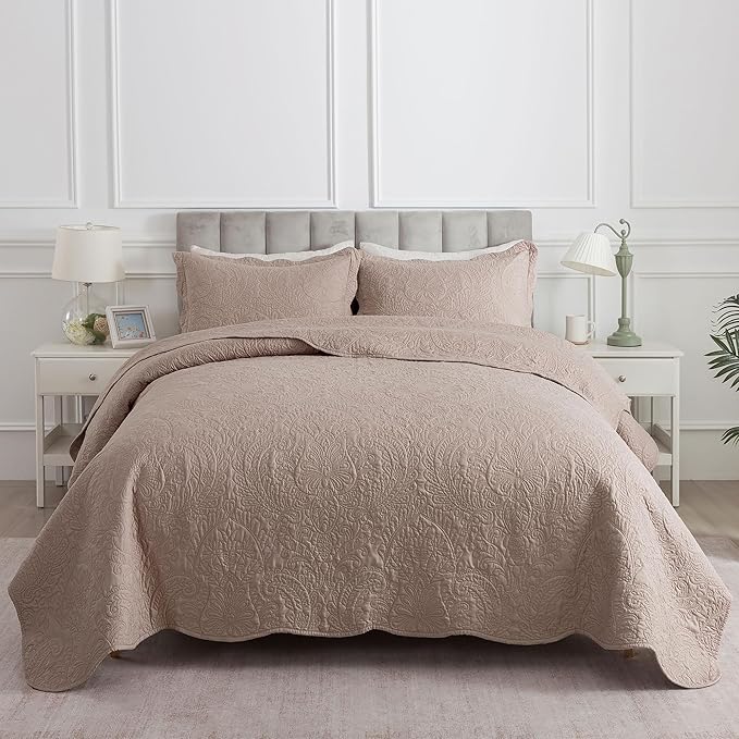 HoneiLife Queen Quilt Bedding Set - Microfiber Quilt Sets for Queen Bed, 3-Piece Lightweight Bedspreads,Reversible Coverlets Rustic Bedlinen Sets, Floral Bedding Set All Season Quilts-Dark Khaki