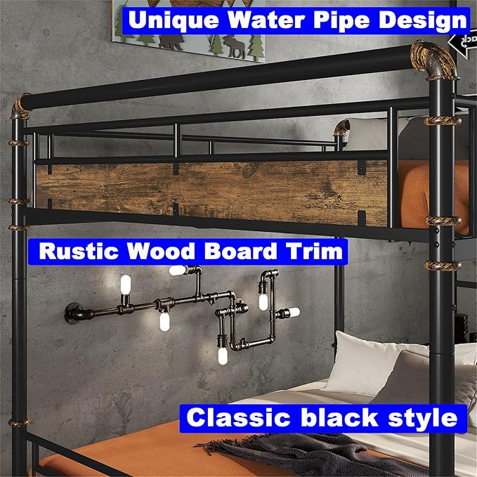 Upgraded Version Thickened Metal Heavy-Duty Queen Over Queen Bunk Bed, Best Convertible Industrial Queen Size Bunk Bed Frame with Ladder for Adults, Easy Assembly (Queen+Water Pipe)