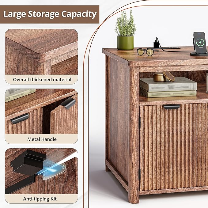 Fluted Nightstands Set of 2 with Charging Stations, 23.6" Wide Walnut Nightstand with Storage Drawers, Side Tables, Modern Farmhouse End Tables for Bedroom, Walnut Brown