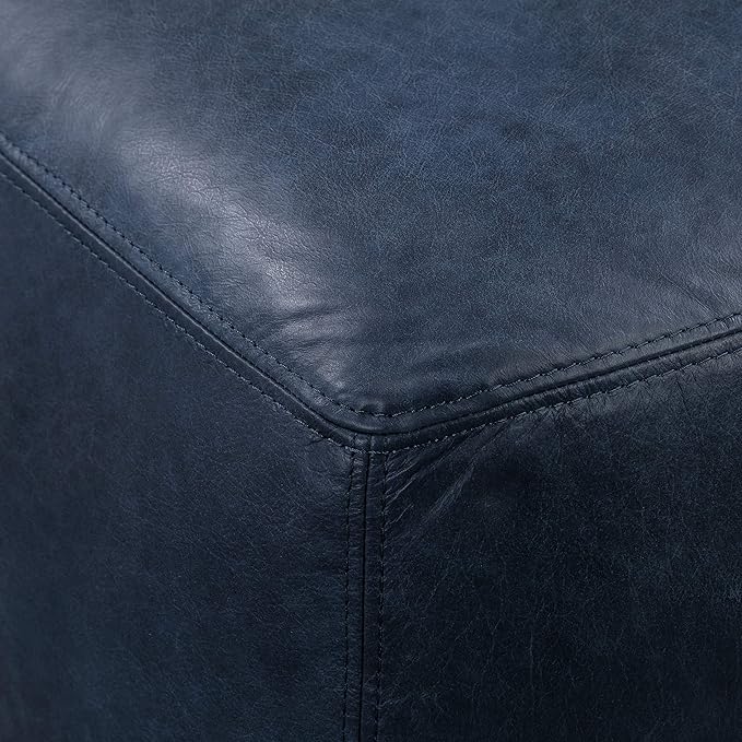 POLY & BARK Denver Ottoman – 43" Large Pouf with Feather-Down Topper – Full-Grain Leather Upholstered Pouf Ottoman for Living Room – Vintage Italian Leather in Midnight Blue