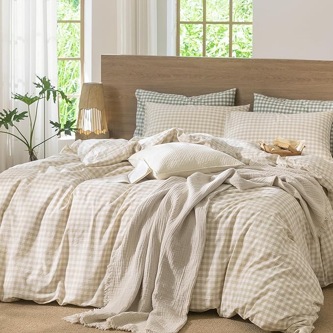 MooMee Gingham Duvet Cover Set 100% Washed Cotton Linen Like Textured Breathable Durable Soft Comfy Modern Checkered Design (Almond Milk Grey Gingham, Super Queen 90"x98")