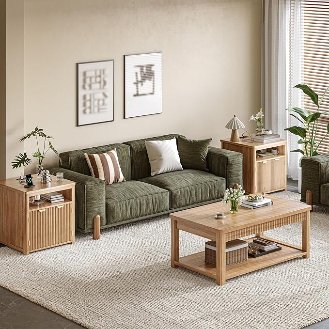 Fluted Nightstands Set of 2 with Charging Stations, 23.6" Wide Natural Oak Nightstand with Storage Drawers, Side Tables, Modern Farmhouse End Tables for Bedroom, Natural Oak