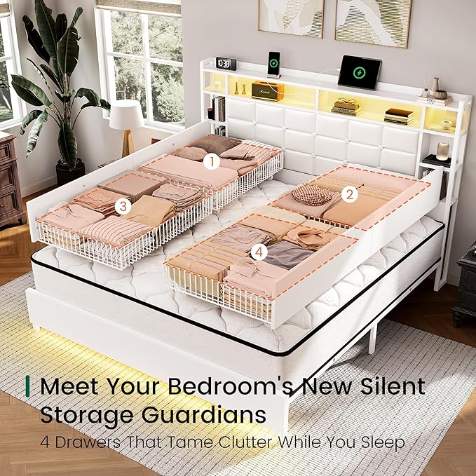LARMACE Queen Size Bed Frame with 4 Storage Drawers and Bookcase Headboard, Faux Leather Upholstered, Wooden Platform Bed Frame with Charging Station and LED Lights, No Box Spring Needed, White