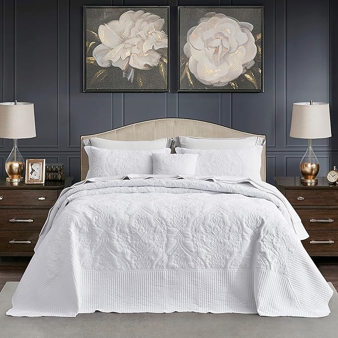 CHIXIN Bedspread Coverlet Set Queen Size - Lightweight Bedding Cover - Beautiful Stitching - 5 Piece Reversible Bedspread - Gorgeous Damask Paisley Pattern (Queen, Pure White)