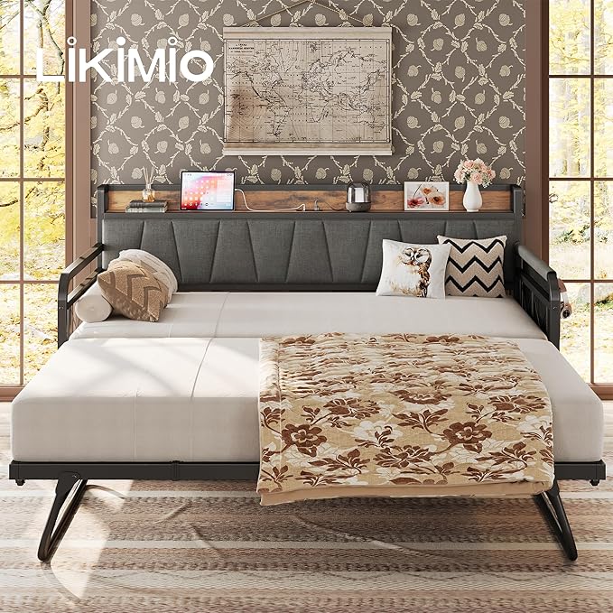LIKIMIO Daybed with Trundle Bed, Twin Bed Frame with Storage Headboard and Charging Station, Sofa Day Bed with Strong Supports for Living Room, Bedroom, and Guest Room, Grey