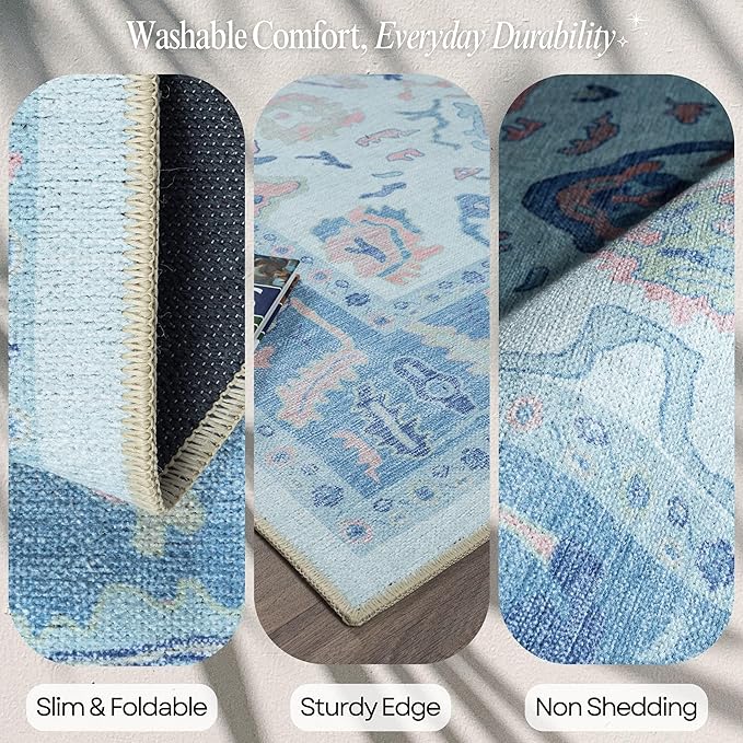 Fame Rugs Blue Modern Oushak Rug 3x5, Washable Vintage Turkish Colorful Oriental Antique Inspired Foldable Small Area Rugs, Luxury Living Room Bedroom (995BB, 2'6" x 5')