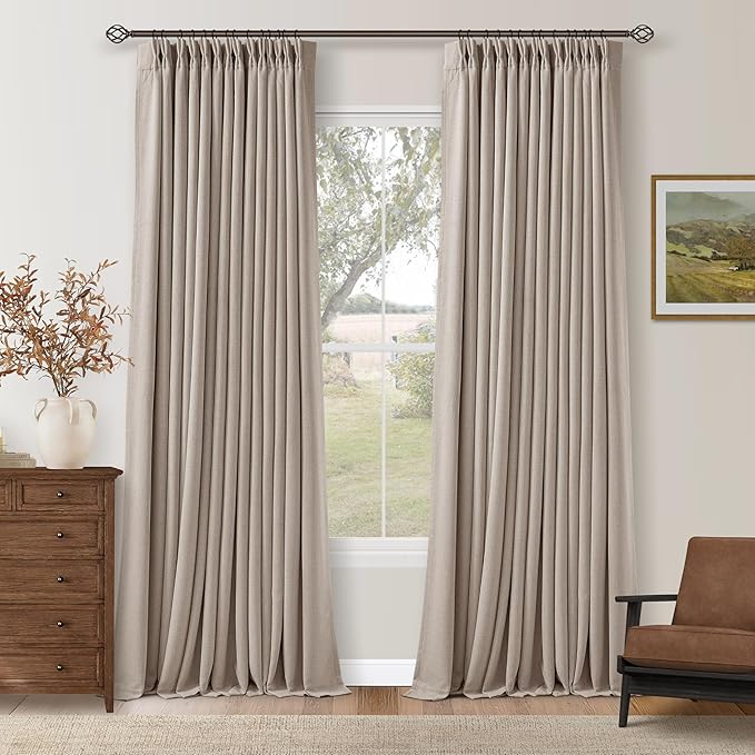 Viral Pleated Blackout Burlap 120 Inch Long Curtains Neutral Pinch Pleated Taupe Burlywood Birch Linen Double Layer 100% Black Out Curtains Soundproof Cottagecore 120 Inch Window Drapes 2 Panel