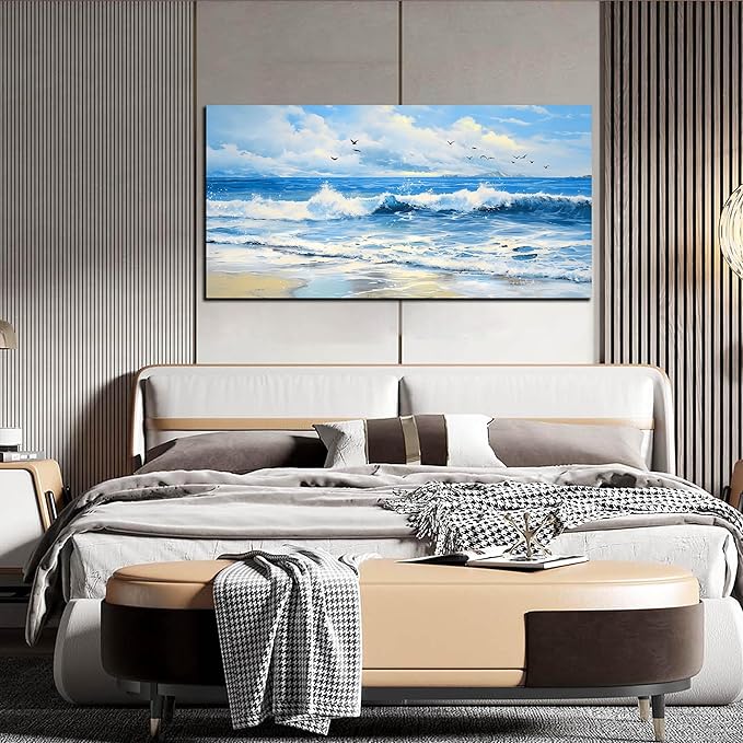 ENTANUB Ocean Wall Art for Bedroom, Sea Wave Wall-Decor for Living Room, Blue Picture Print, Size 48x24 Inches