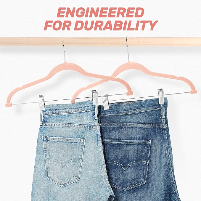 Velvet Pants Hangers 20 Pack with Adjustable Clips, Space-Saving Slim Felt Clothes Hangers, Heavy Duty & Non-Slip Flocked Hangers for Pants, Skirts, Dresses, and Jeans(Pink)