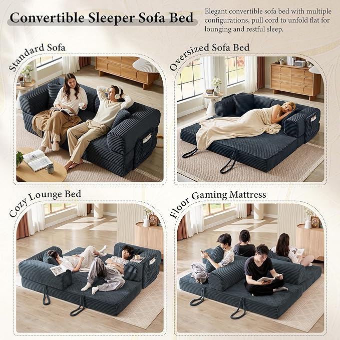 Boneless Couch Folding Couches for Living Room Sofa, Futon Sofa Bed with Sleeper Sofa, Futon Couch with Fixed-Shape Oversized Corduroy Upholstered (Dark Gray, 81 Inches)