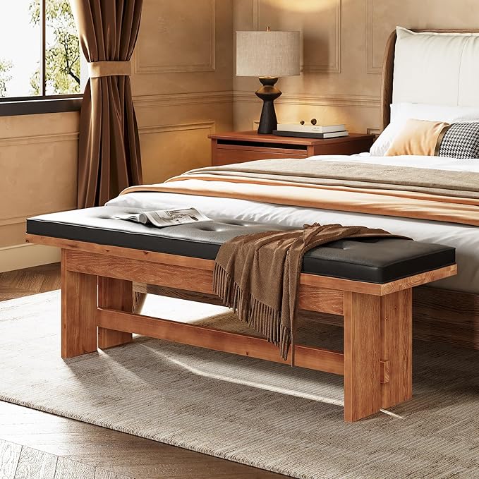 Solid Wood Bench with Cushion, 55" Upholstered Entryway Bench with Thickened Legs, Button-Tufted Shoe Bench Seat, Vintage Indoor End of Bed Bench for Bedroom, Living Dining Room, Hallway, Dark Walnut