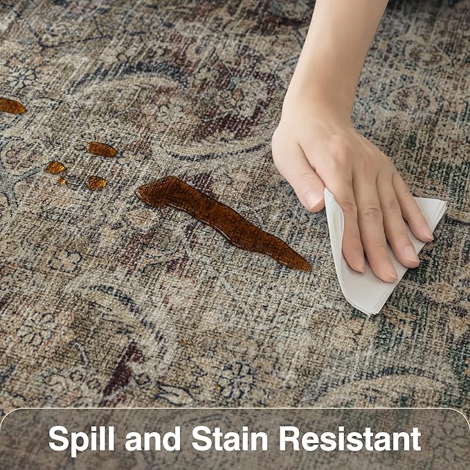 FMFUNCTEX 6x9 Washable Area Rug Brown Vintage Neutral Distressed Large Non Slip Carpet for Living Room Bedroom Soft Low Pile Indoor Mat Retro Throw Rug for Dining Room Kitchen Office Nursery, Multi