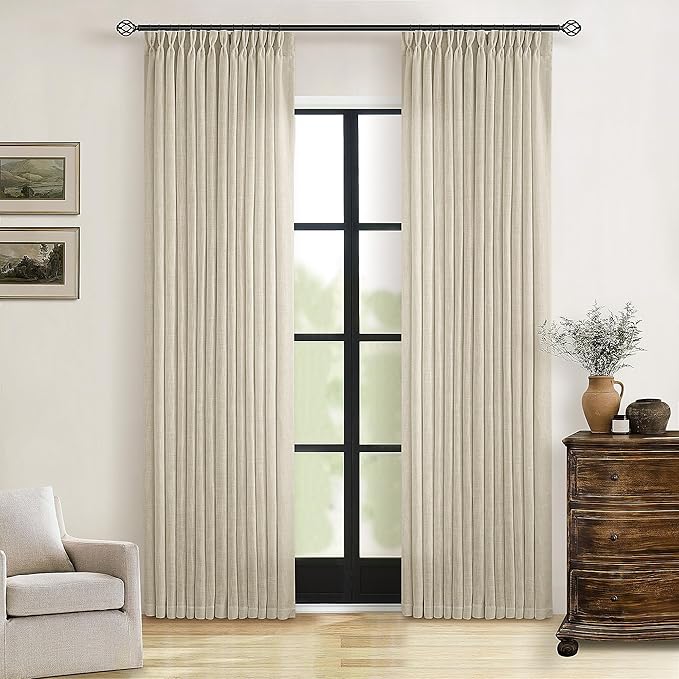 Linen Pinch Pleated Linen Curtains 2 Panels for Living Room Bedroom Memory Training Shaped Semi Sheer Pleat Drapes with Hooks Rings Light Filtering Window Curtain 40x80