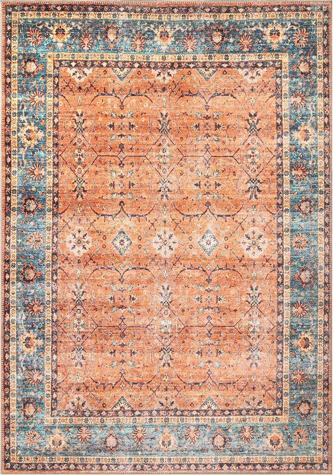 Bloom Rugs Washable Non-Slip 2' x 3' Rug - Orange/Teal Blue Traditional Bordered Area Rug for Living Room, Bedroom, Dining Room, and Kitchen - Exact Size: 2' x 3'
