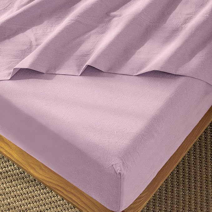 MooMee Fitted Bottom Sheet Only 100% Washed Cotton Linen Like Textured Breathable Durable Soft Comfy Deep Pocket Fits Mattress up to 17" (Light Purple, King)