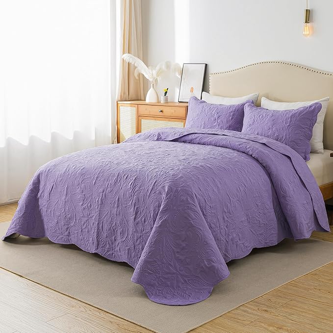 HoneiLife Quilt Sets King Size - 3 Pieces Microfiber Quilt Set Lightweight Bedspreads Reversible Coverlets Rustic Bed Cover King Quilt Bedding Set All Season Quilts-Purple