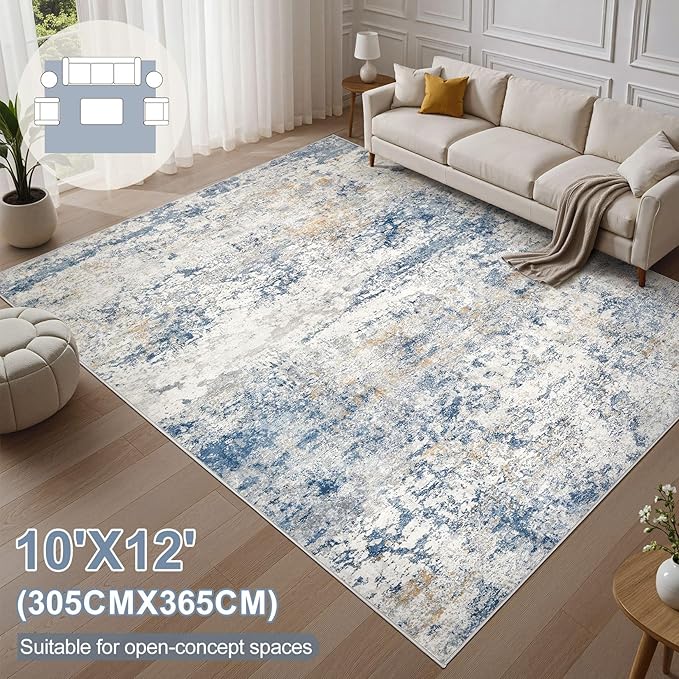 Area Rug Living Room Rugs - 10x12 Abstract Large Soft Indoor Washable Rug Neutral Modern Low Pile Carpet for Bedroom Dining Room Farmhouse Home Office - Blue