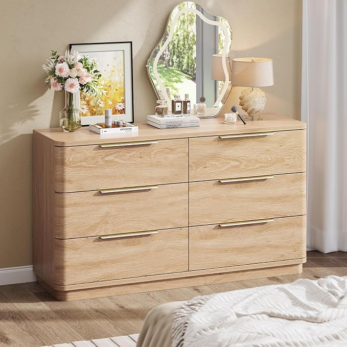 6 Drawer Dresser for Bedroom, 54" Wide Modern Chest of Drawers with Metal Handle, Curved Profile Design, Wooden Oak Dresser Closet Clothes Storage TV Stand for Living Room, Hallway