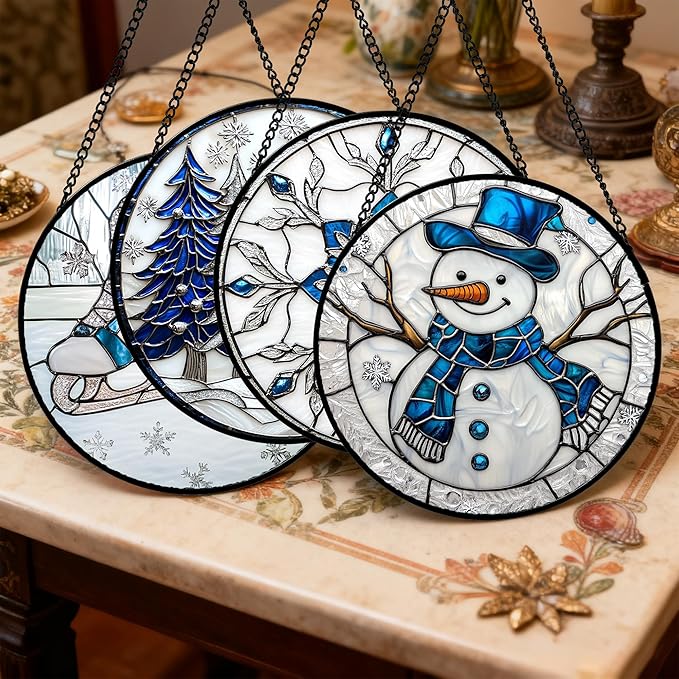 Stained Glass Window Hanging 4 Pcs Set White Winter Christmas Snow Scene Large 15" - Suncatcher Door Garden Sun Catcher Decor Birthday for Mom Woman Nana Men Friend Wife
