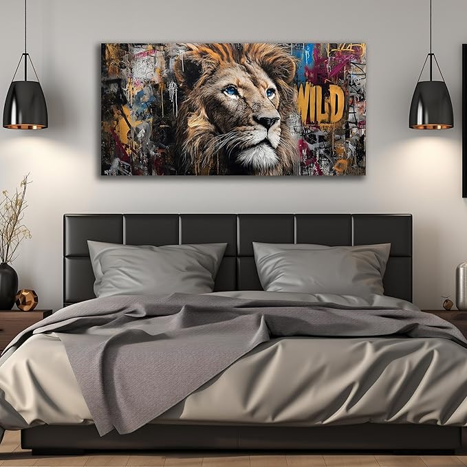 JuhaiArt Graffiti Wall Art Lion Picture Brown Wall Decor Animal Wall Art Canvas for Living Room Bedroom Home Office Prints Colorful Artwork 24" x 48"