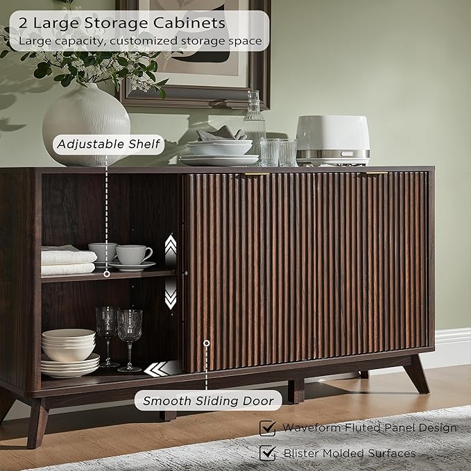 T4TREAM Fluted Buffet Cabinet, 60" Modern Sideboard with Sliding Doors & 4 Drawers, Coffee Bar Table with Storage, Curved Profile Design for Dining Room, Living Room, Dark Walnut