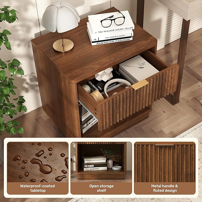 Miereirl Fluted Nightstand with Charging Station, Wood Mid Century Modern Night Stands Storage Cabinet for Bedside Table with Metal Handle Drawers, Walnut Oak