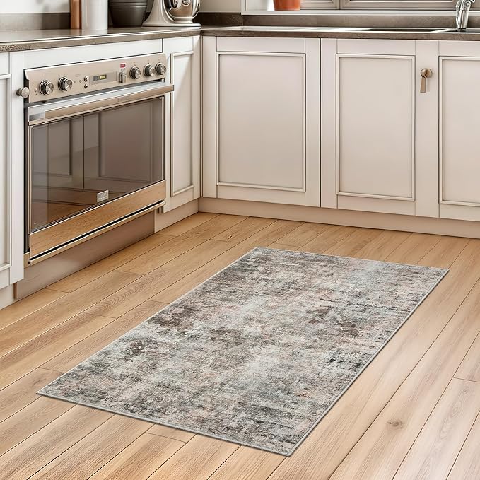 2x3 Abstract Washable Rugs for Kitchen, Floor, Entryway, Powder Room Small Area Rug Non-Slip Vintage Low Pile Throw Door Mat Pink Grey