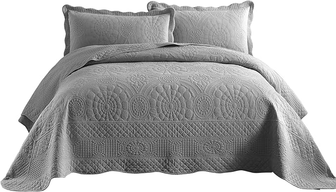 MarCielo 3-Piece 100% Cotton Oversized Bedspread Lightweight Quilt Coverlet Embroidery Farmhouse Bedding Set (Tf Light Grey, Oversized King (118"x106"))