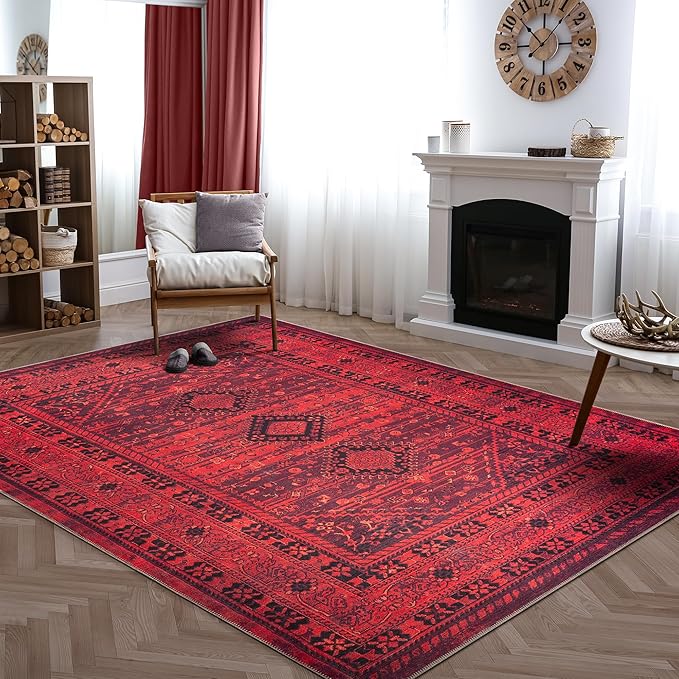 Bloom Rugs Washable Non-Slip 9' x 12' Rug - Red Traditional Bordered Area Rug for Living Room, Bedroom, Dining Room, and Kitchen - Exact Size: 9' x 12'