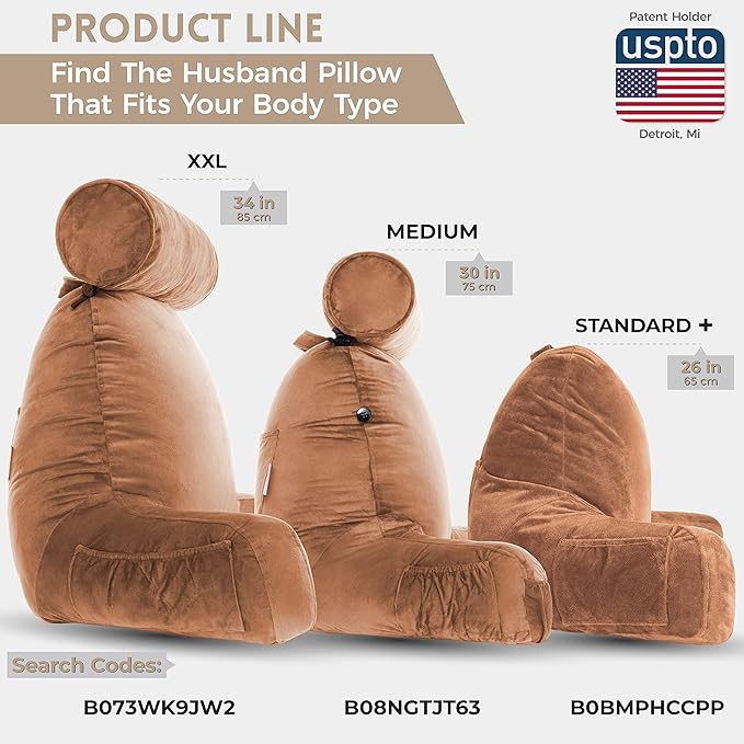 Husband Pillow XXL – Reading Pillow Bed Chair with Arms & Back Support – Tan - Back Pillow for Beds Sitting Up – Bed Rest Arm Pillow – Comfy Reading Pillow for Adults