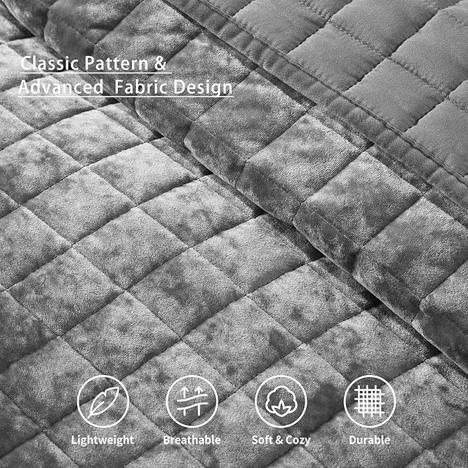 LEAONME Velvet Quilt California King-118''x106'', Lightweight Grey Velvet Comforter Set with 2 Pillow Shams, Soft Oversized Bedspread Coverlet Quilted Bedding Set for All Season