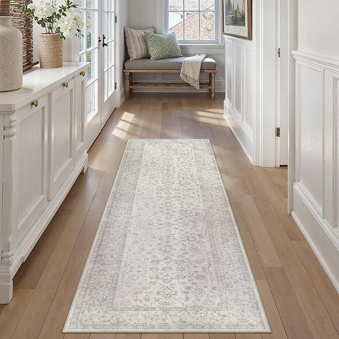 2x6 Grey Runner Rug Hallway Non Slip Kitchen Vintage Distressed Long Carpet Indoor Machine Washable Retro Floral Bedroom Accent Throw Rug for Office Laundry Bathroom Dining Living Room