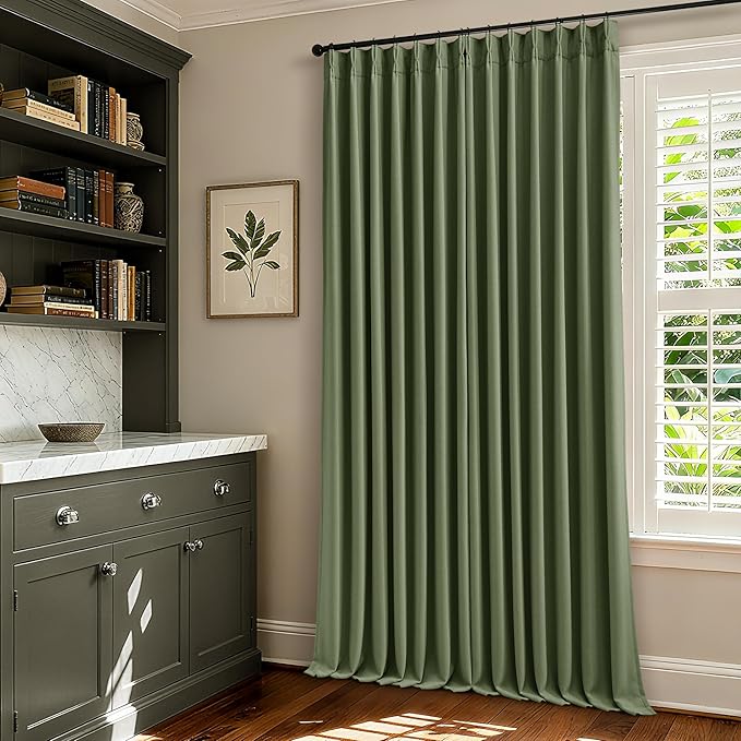 102 Inch Linen Pleated Black Out Curtains 2 Panels Set for Bedroom Living Room Darkening 100% Blackout Memory Trained Farmhouse Rustic Farmhouse Pinch Pleat Window Curtain Olive Green 102 Inch Length