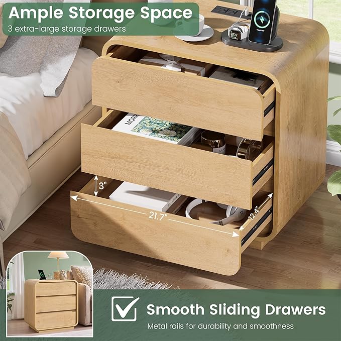 Natural Curved Nightstand Set of 2, 23.2" Large Wood Bedside Table with 3 Drawers, Charging Station, Modern Side Table, Mid-Century End Table Night Stand for Bedroom Sofa,