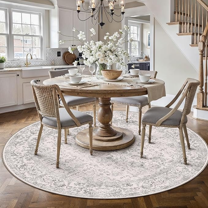 Grey Round Area Rug 8ft Entryway Door Mat Small Circle 8x8 Kitchen Vintage Carpet Non Slip Indoor Bedroom Washable Distressed Floral Retro Accent Throw Rug Office Bathroom