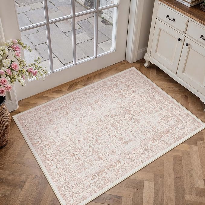 Pink Entryway Area Rug 2x3 Door Mat Machine Washable Kitchen Vintage Distressed Non Slip Carpet Indoor Retro Floral Accent Throw Small Rug for Bathroom Office Bedroom Dining Room