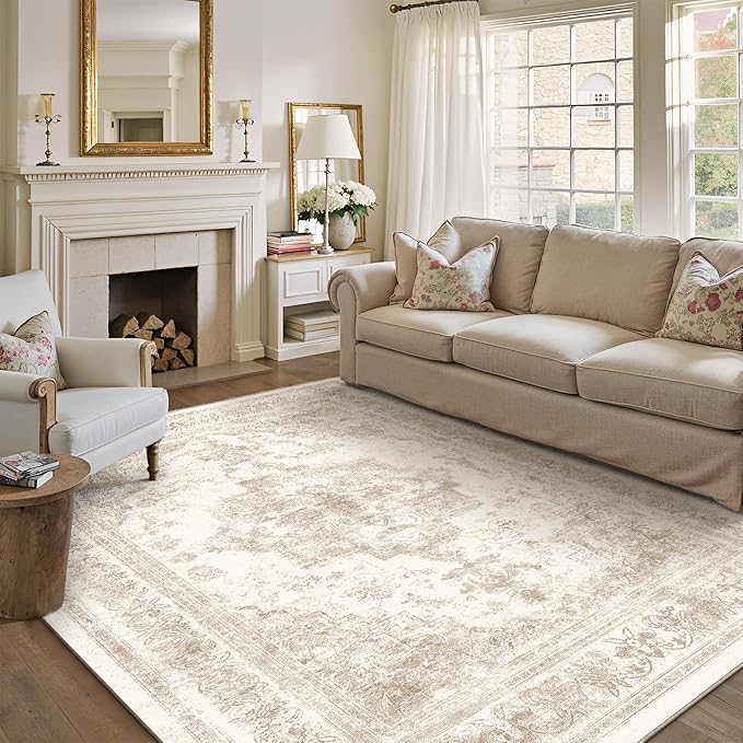 Area Rug 10x14 Cream Washable Living Room Beige Carpet Non Slip Vintage Medallion Indoor Bedroom Beige Carpet Low Pile Soft Retro Distressed Large Rug Home Office Dining Room Playroom