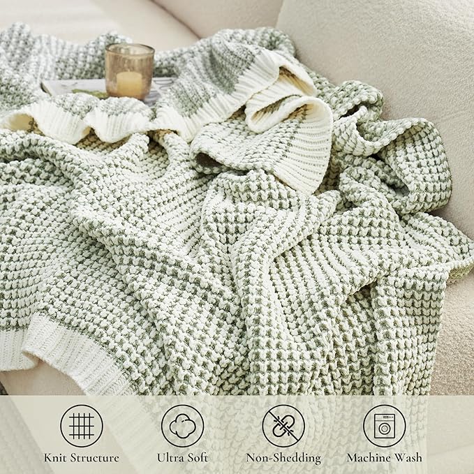 Amélie Home Waffle Chenille Throw Blanket for Couch, Pineapple Stitch Knit Soft Cozy Knit Blanket Decorative Throw for Sofa, Chair, 50"x60", Sage Green&Ivory