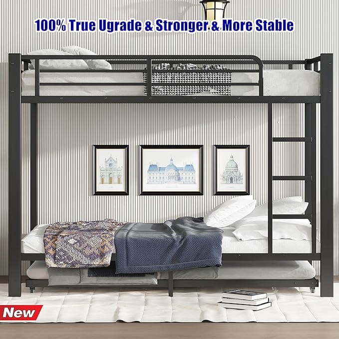 SIGONE Stronger & Safer Heavy Duty Twin XL Over Twin XL Bunk Bed with Twin Trundle for Adults Teens, Thickened More Stable Metal Bunkbed Frame (Greater Weight Capacity)