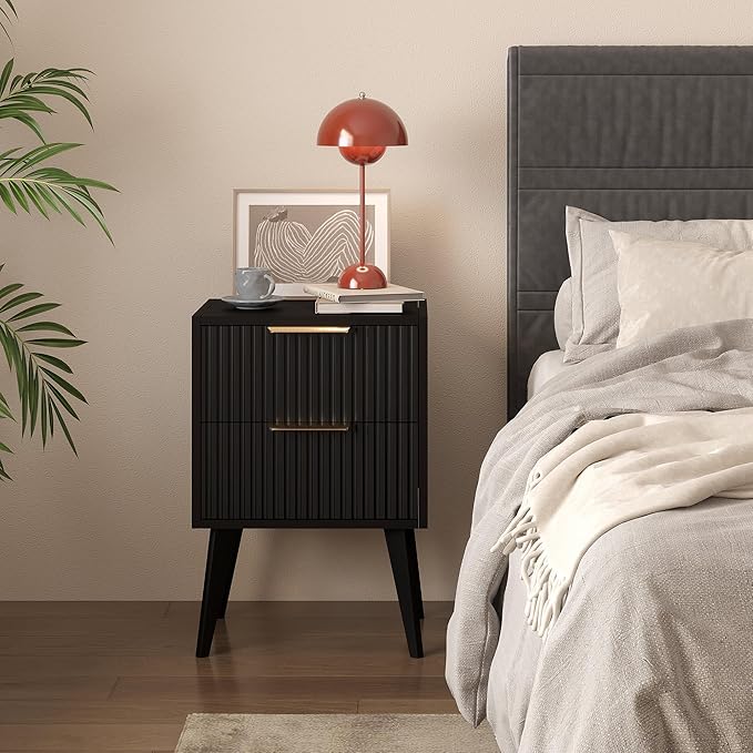 YAUKOMEL Black Night Stand,Modern Bedside Table,Small Nightstand with 2 Drawers,Fluted Side Table with Wood Legs,Mid Century End Table for Bedroom,Small Space,Black 11.8" D x 16" W x 22.4" H CTG55BK