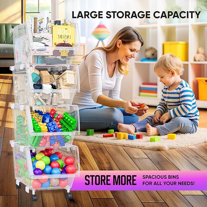 TidyFriend Stackable Storage Bins with Wheels for Closet Organizers and Storage 4 Pack, Closet Organization for Kids Room and Home Organization (Clear)