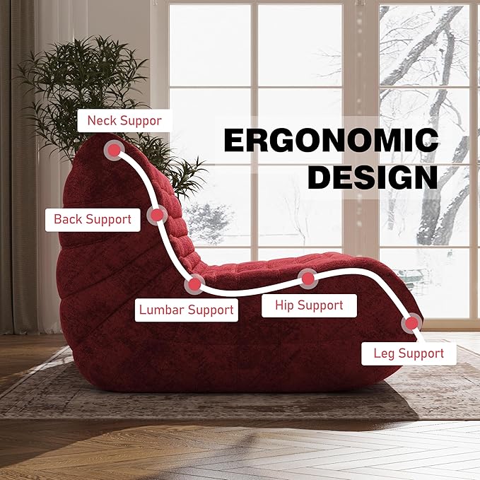 Bean Bag Chair Loveseat, 2 Seater, Red, Teddy Fabric, Modern, L-Shaped, Adults & Teens, Living Room & Bedroom