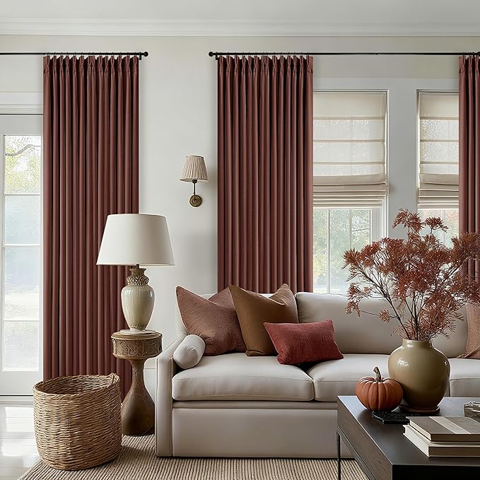 Chestnut Brown 96 Inch Blackout Pinch Pleated Curtains 2 Panel Set for Living Room Darkening Thick Linen Textured 100% Black Out Drapes 96 Inches Long Pinch Pleat Light Blocking Bedroom Rust Maroon