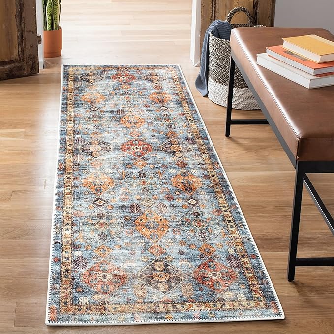 Bloom Rugs Washable Non-Slip 7 ft Runner - Blue/Orange Traditional Bordered Runner for Entryway, Hallway, Bathroom, and Kitchen - Exact Size: 2.5' x 7'