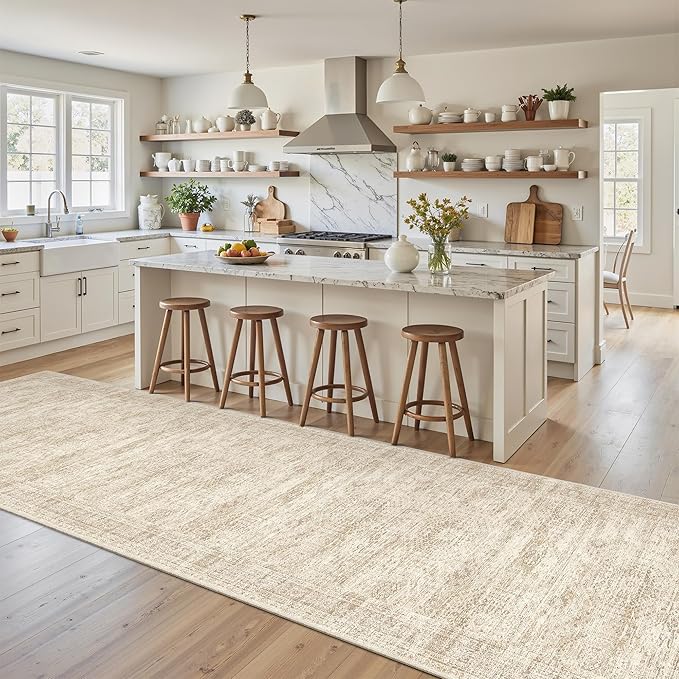 Runner Rug 2'6" x 10' Washable Non-Slip Runner Rugs for Kitchen Bathroom Laundry Room Vintage Ultra Thin Runners for Hallway Entryway Beige