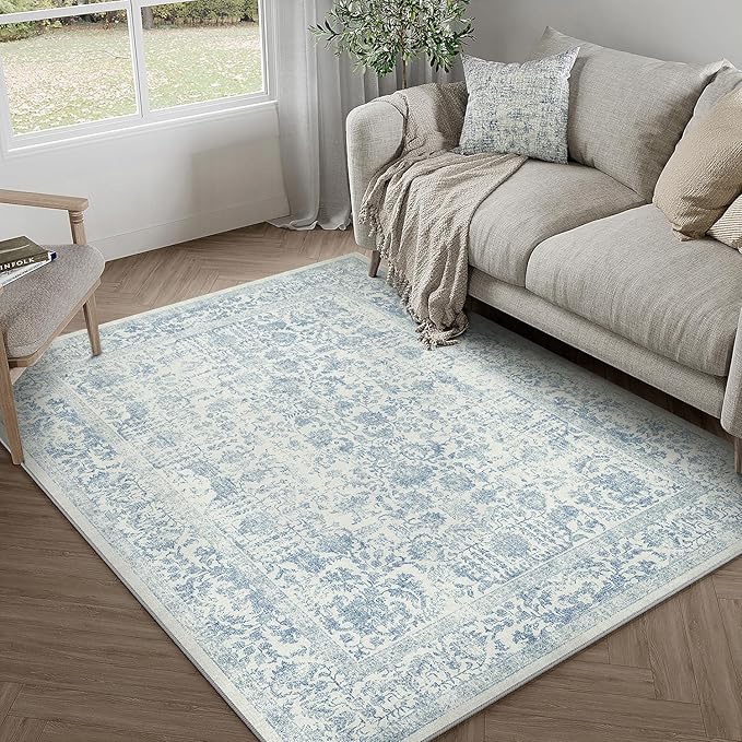 Blue Area Rug 4x5 Office Entryway Rug Machine Washable Kitchen Vintage Distressed Non Slip Carpet Indoor Retro Floral Accent Throw Door Mat for Bathroom Bedroom Dining Living Room
