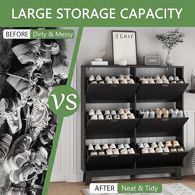 Shoe Cabinet with 6 Flip Drawers, 54" Tall Narrow Fluted Shoe Storage Organizer for Entryway, Hidden Slim Wooden Shoe Rack Cabinet for Front Door Entrance, Hallway, Living Room, Solid Black