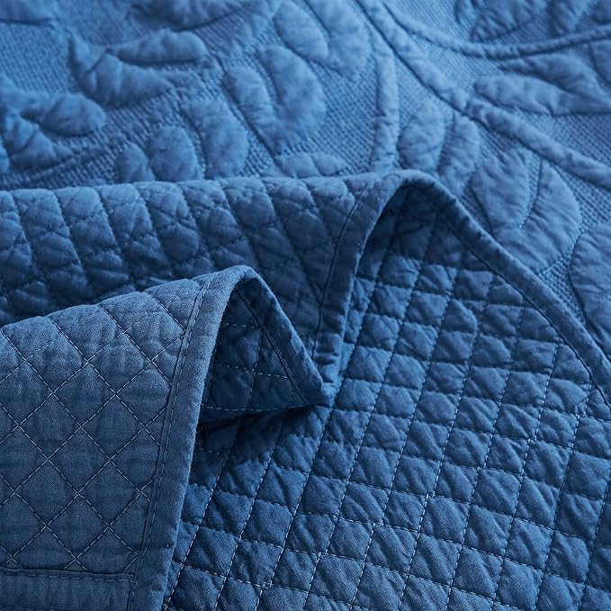 MarCielo 3-Piece 100% Cotton Oversized Bedspread Lightweight Quilt Coverlet Embroidery Farmhouse Bedding Set T0 (Midtone Blue, Twin (68"x86"))